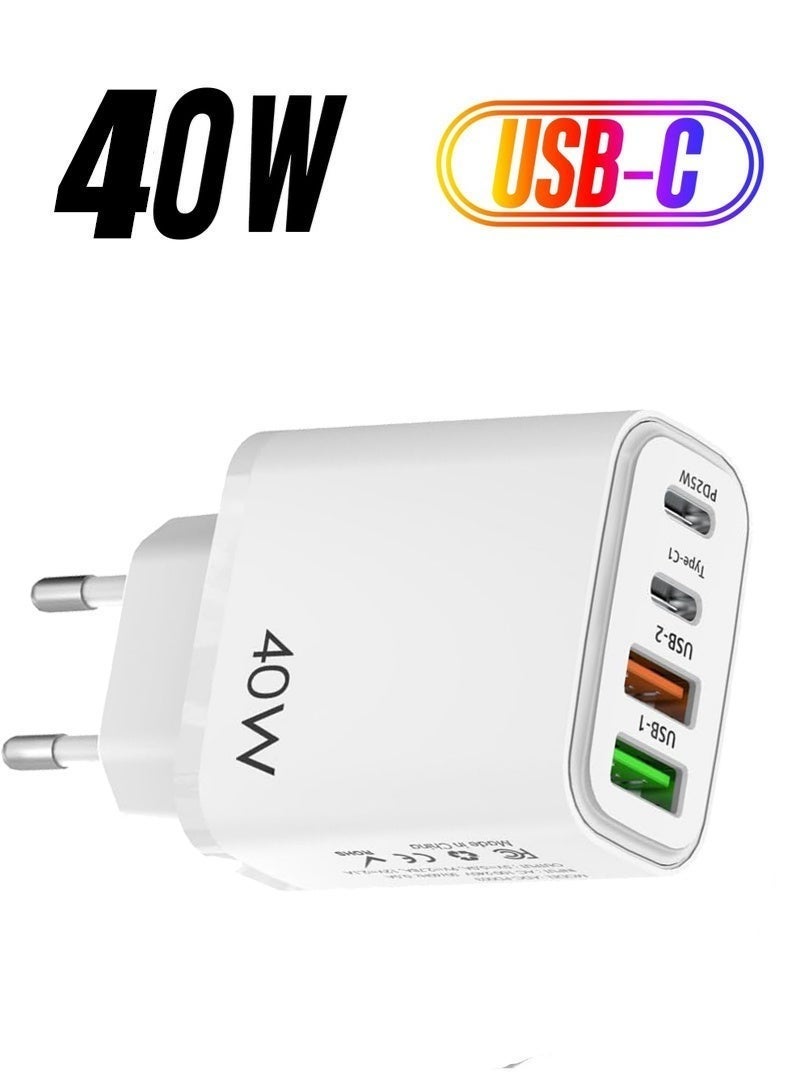 Arabest 40W Fast Charger with 4 Ports, 2PD+2USB Multiport Charger Block for Multiple Device, 40w Fast Charging Wall Charger, 4 Port Travel Charger Fast Mobile Charger Adapter (White, EU) - Image 1